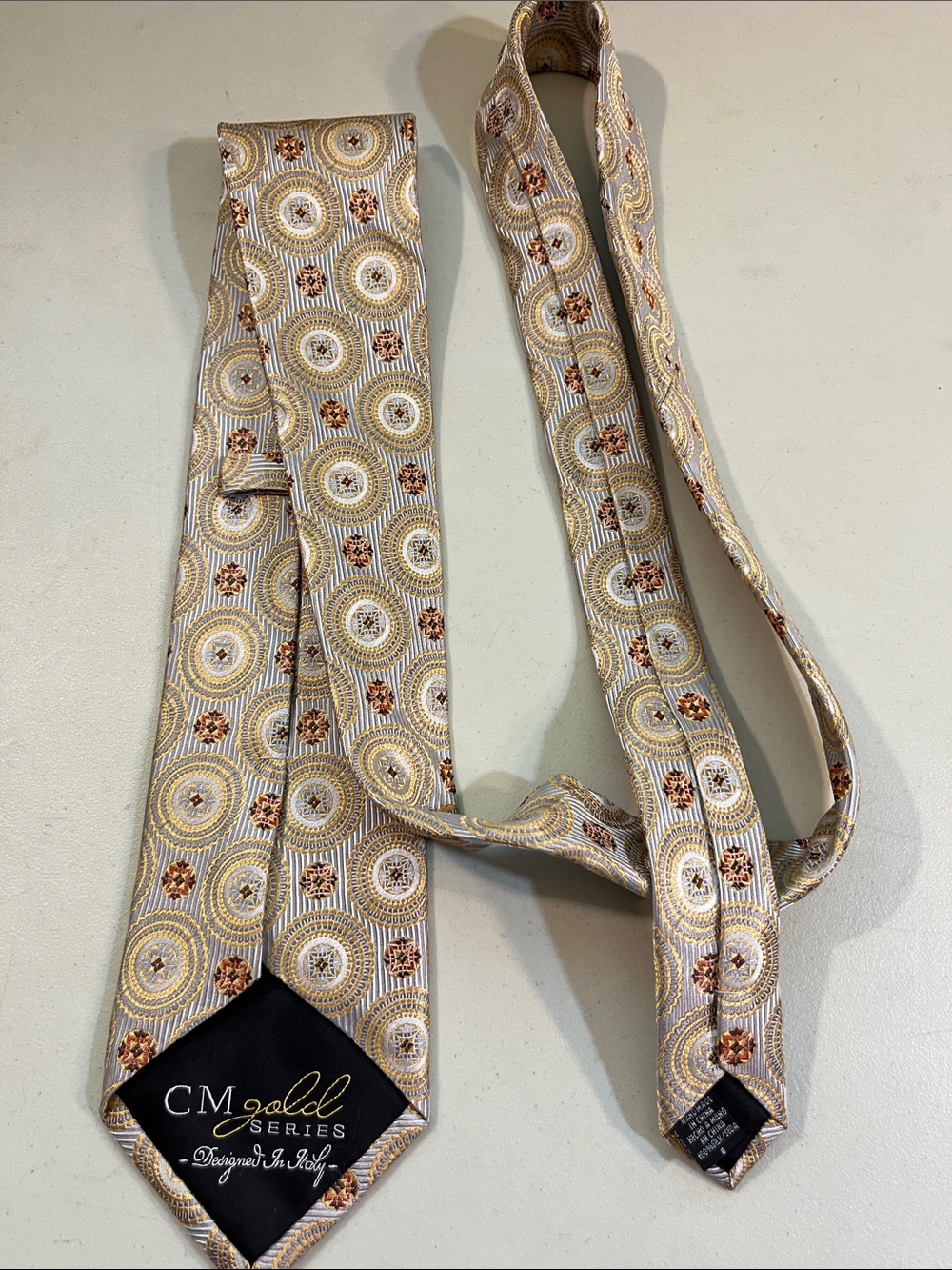 Beige and Gold Medallion Pattern Men's Tie - Picture 4 of 4